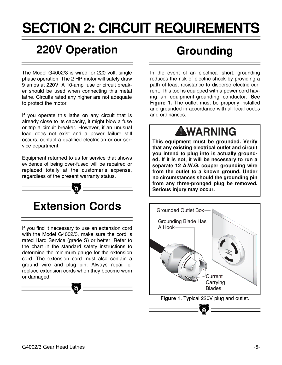 Grizzly G4003, G4002 instruction manual Circuit Requirements, 220V Operation Grounding, Extension Cords 