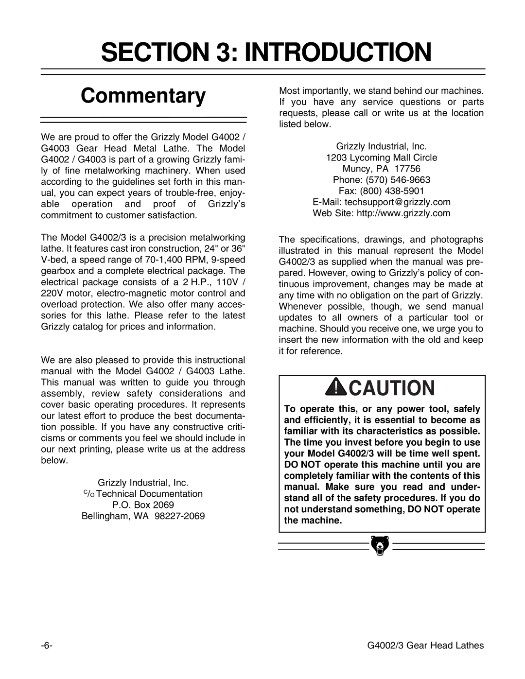 Grizzly G4002, G4003 instruction manual Introduction, Commentary 