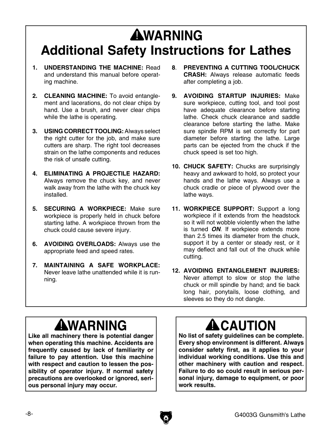 Grizzly G4003G owner manual Additional Safety Instructions for Lathes 