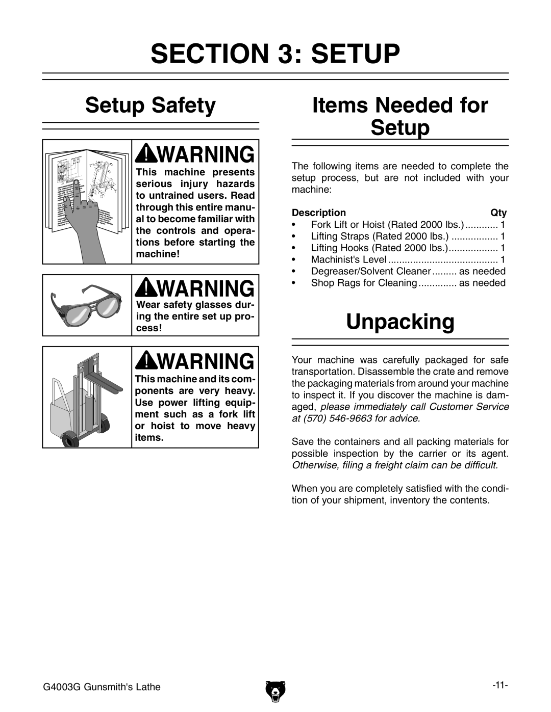 Grizzly G4003G owner manual Setup Safety, Items Needed for Setup, Unpacking, Description Qty 