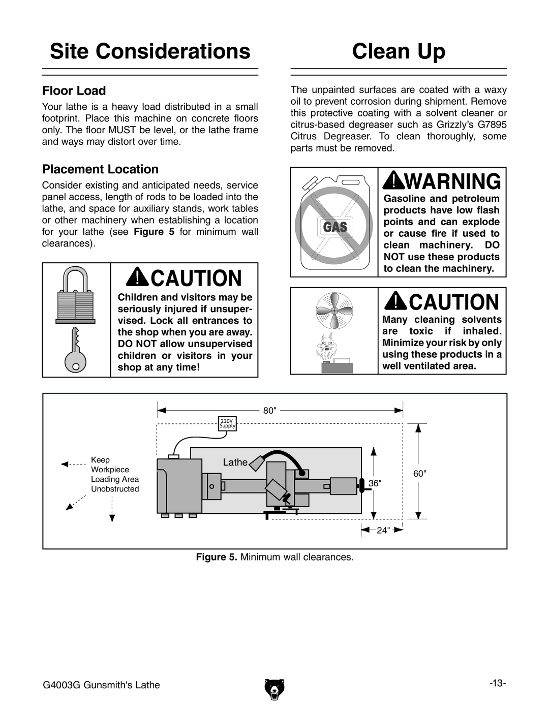 Grizzly G4003G owner manual Site Considerations, Clean Up, Floor Load, Placement Location 