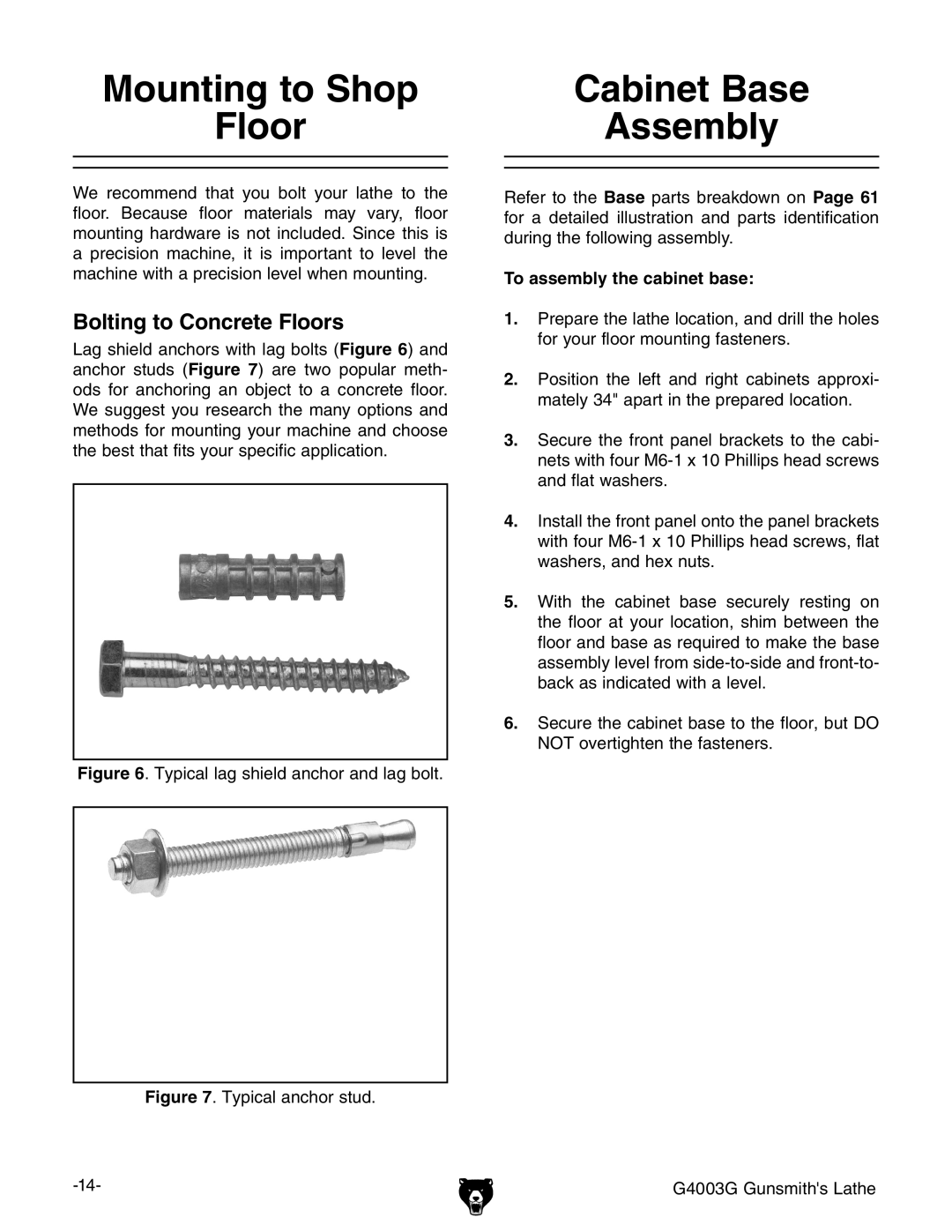 Grizzly G4003G owner manual Mounting to Shop, Bolting to Concrete Floors, To assembly the cabinet base 