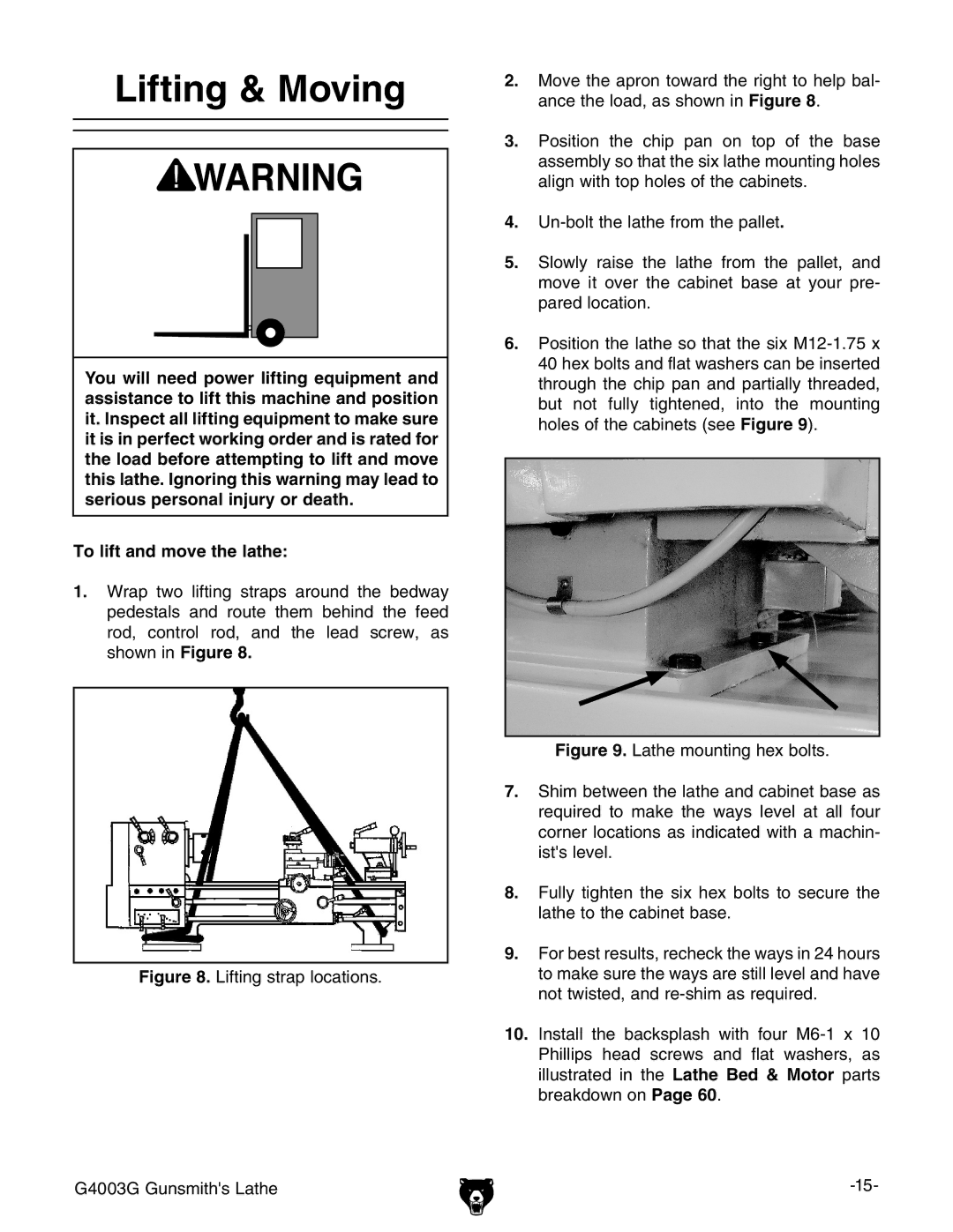 Grizzly G4003G owner manual Lifting & Moving 