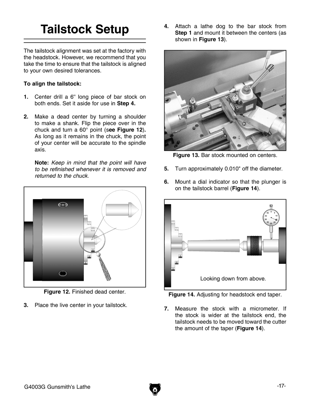 Grizzly G4003G owner manual Tailstock Setup, To align the tailstock 