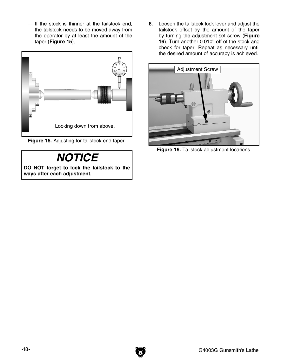 Grizzly G4003G owner manual Adjusting for tailstock end taper 