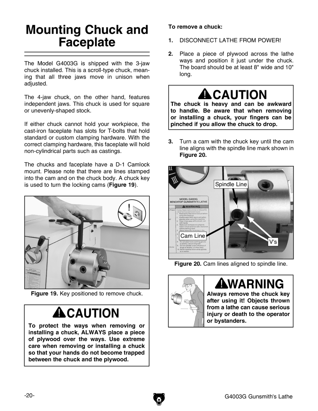 Grizzly G4003G owner manual Mounting Chuck Faceplate, Disconnect Lathe from Power 