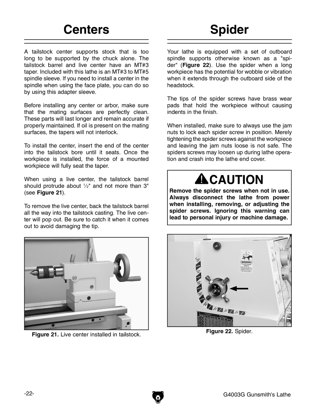 Grizzly G4003G owner manual CentersSpider 