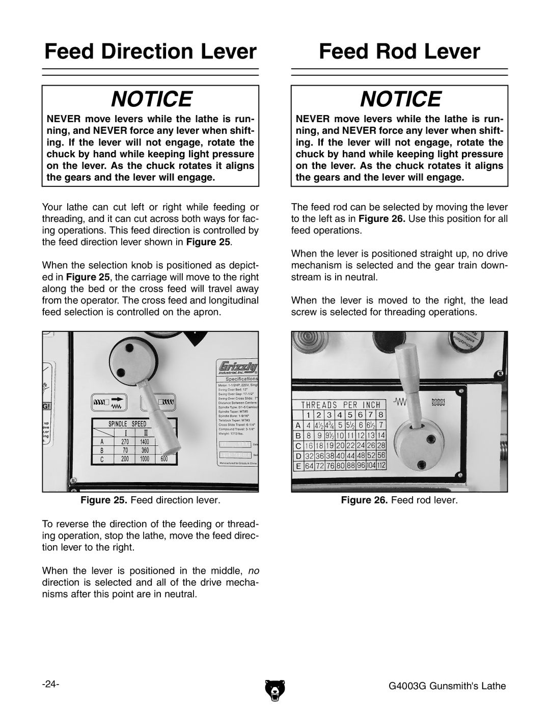 Grizzly G4003G owner manual Feed Direction Lever, Feed Rod Lever 