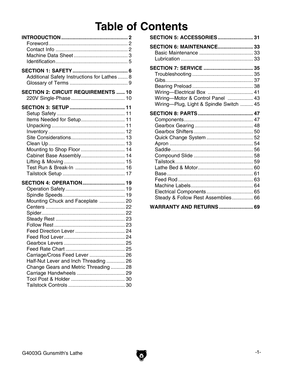 Grizzly G4003G owner manual Table of Contents 