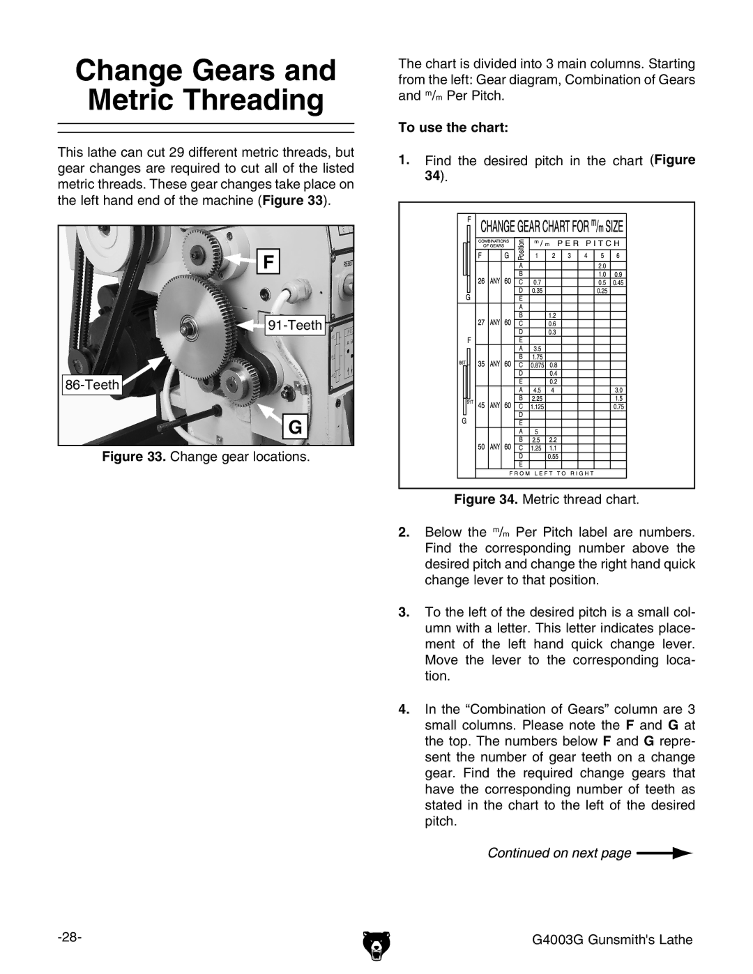 Grizzly G4003G owner manual Change Gears and Metric Threading, To use the chart 