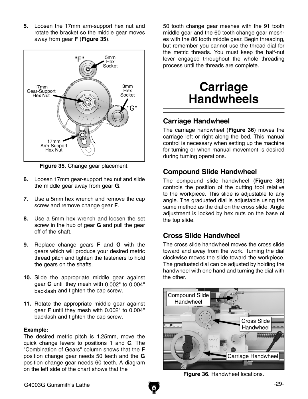 Grizzly G4003G owner manual Carriage Handwheels, Compound Slide Handwheel, Cross Slide Handwheel 