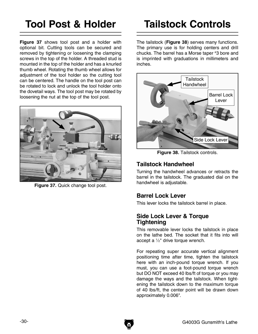 Grizzly G4003G owner manual Tool Post & Holder, Tailstock Controls, Tailstock Handwheel, Barrel Lock Lever 