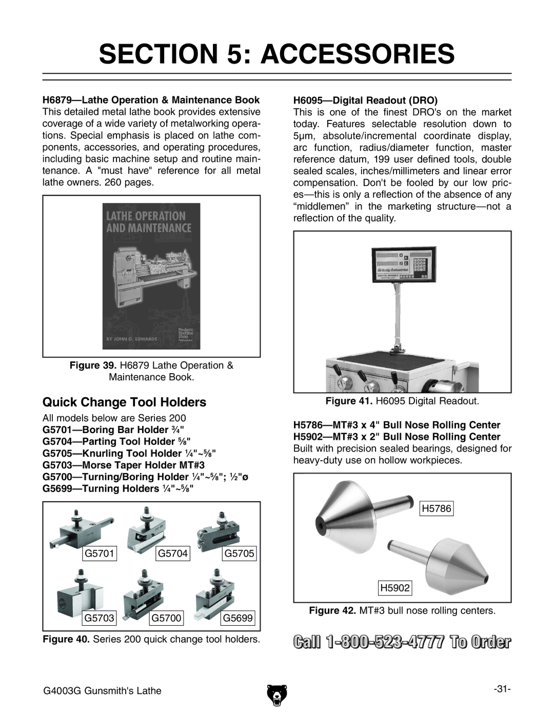 Grizzly G4003G owner manual Accessories, Quick Change Tool Holders, H6095-Digital Readout DRO 