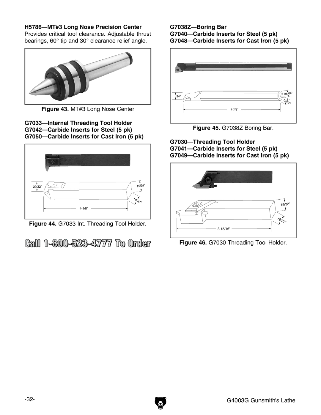 Grizzly G4003G owner manual MT#3 Long Nose Center 