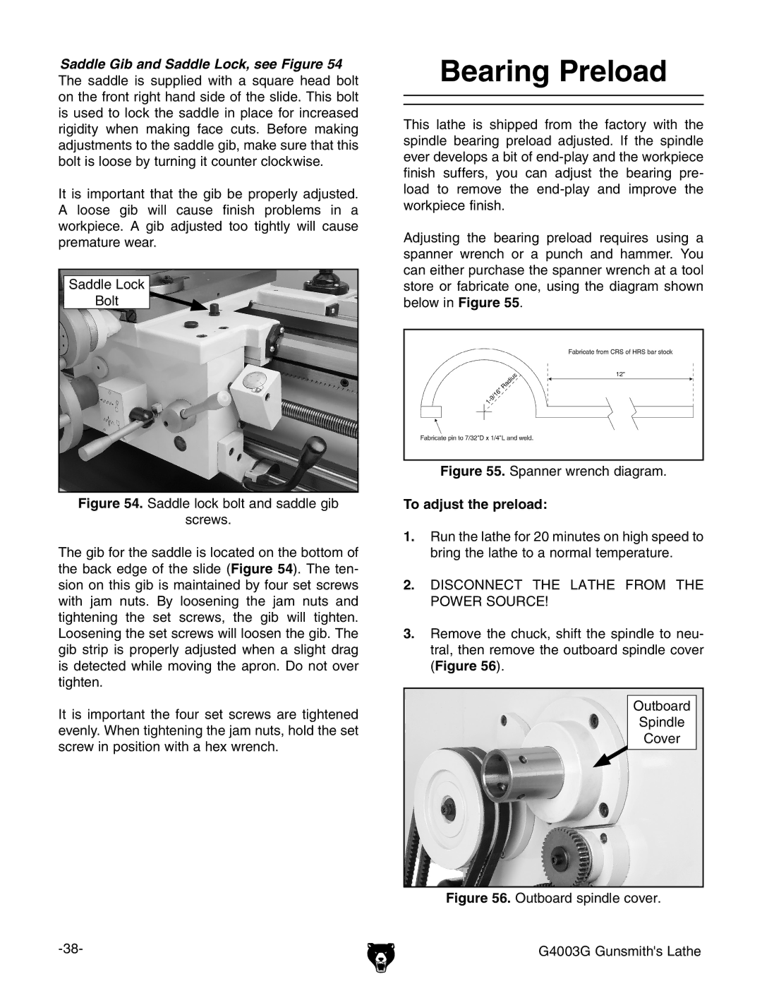 Grizzly G4003G owner manual Bearing Preload, Disconnect the Lathe from the Power Source 