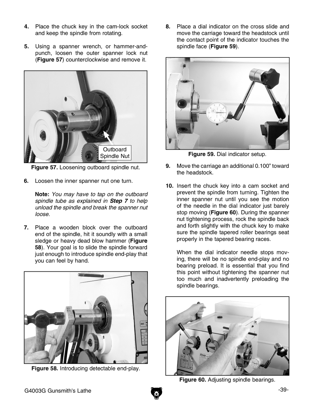 Grizzly G4003G owner manual Adjusting spindle bearings 