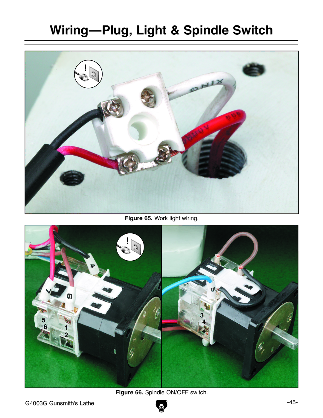 Grizzly G4003G owner manual Wiring-Plug, Light & Spindle Switch, Work light wiring 