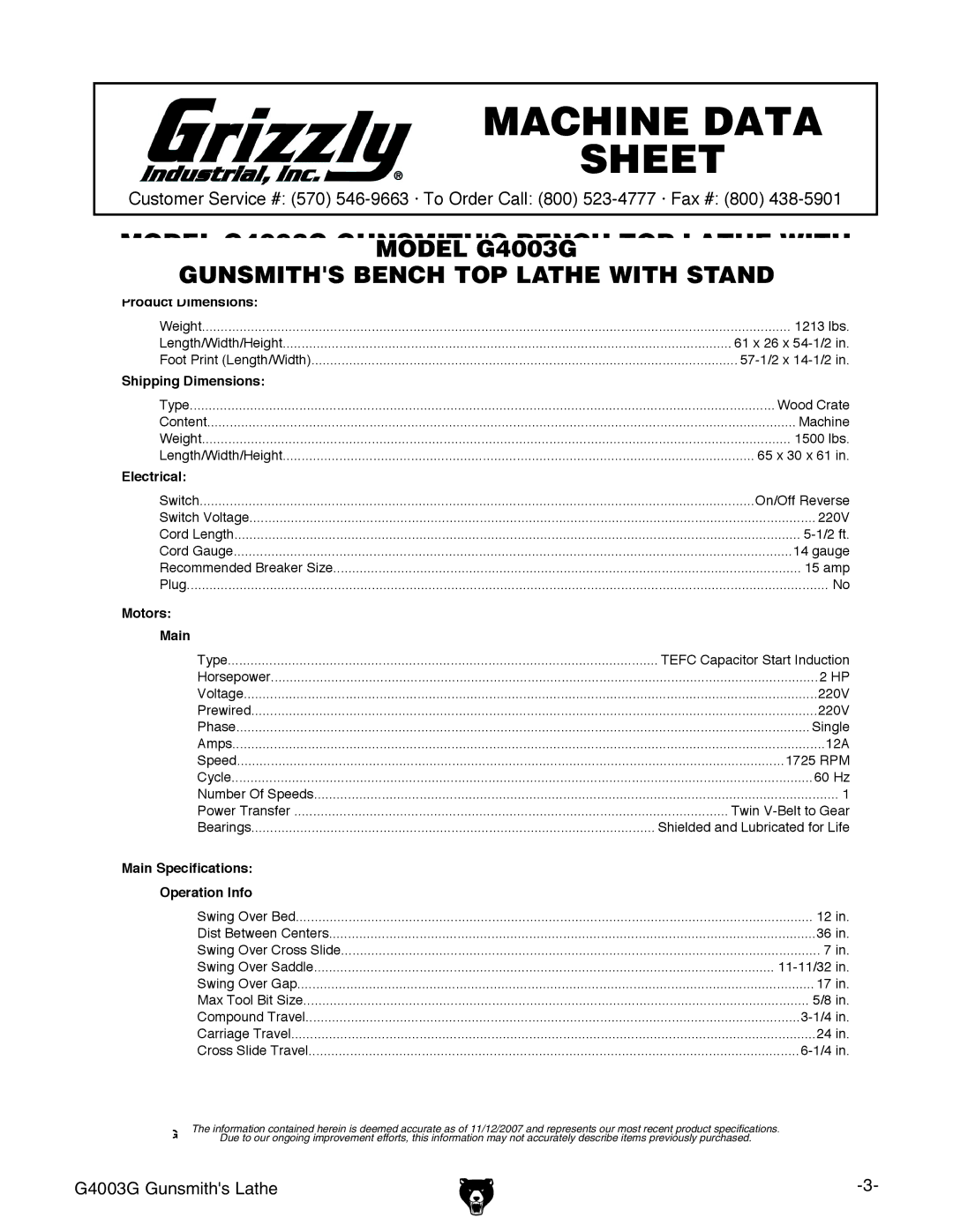 Grizzly G4003G owner manual Machine Data Sheet 