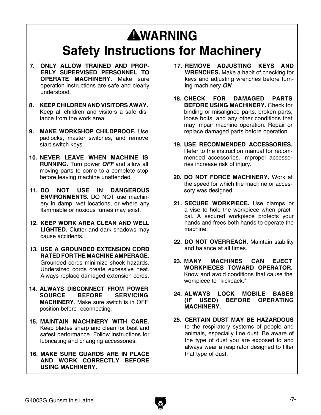 Grizzly owner manual G4003G Gunsmiths Lathe 