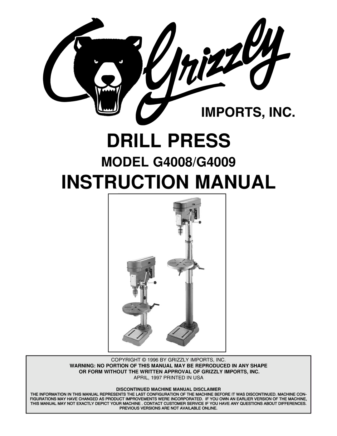 Grizzly instruction manual Drill Press, Model G4008/G4009 