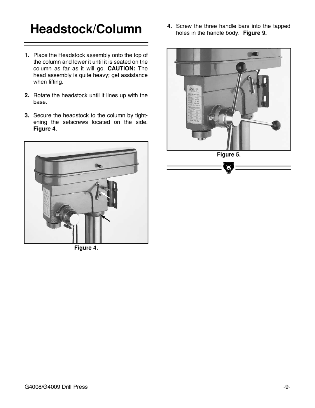 Grizzly G4008, G4009 instruction manual Headstock/Column 