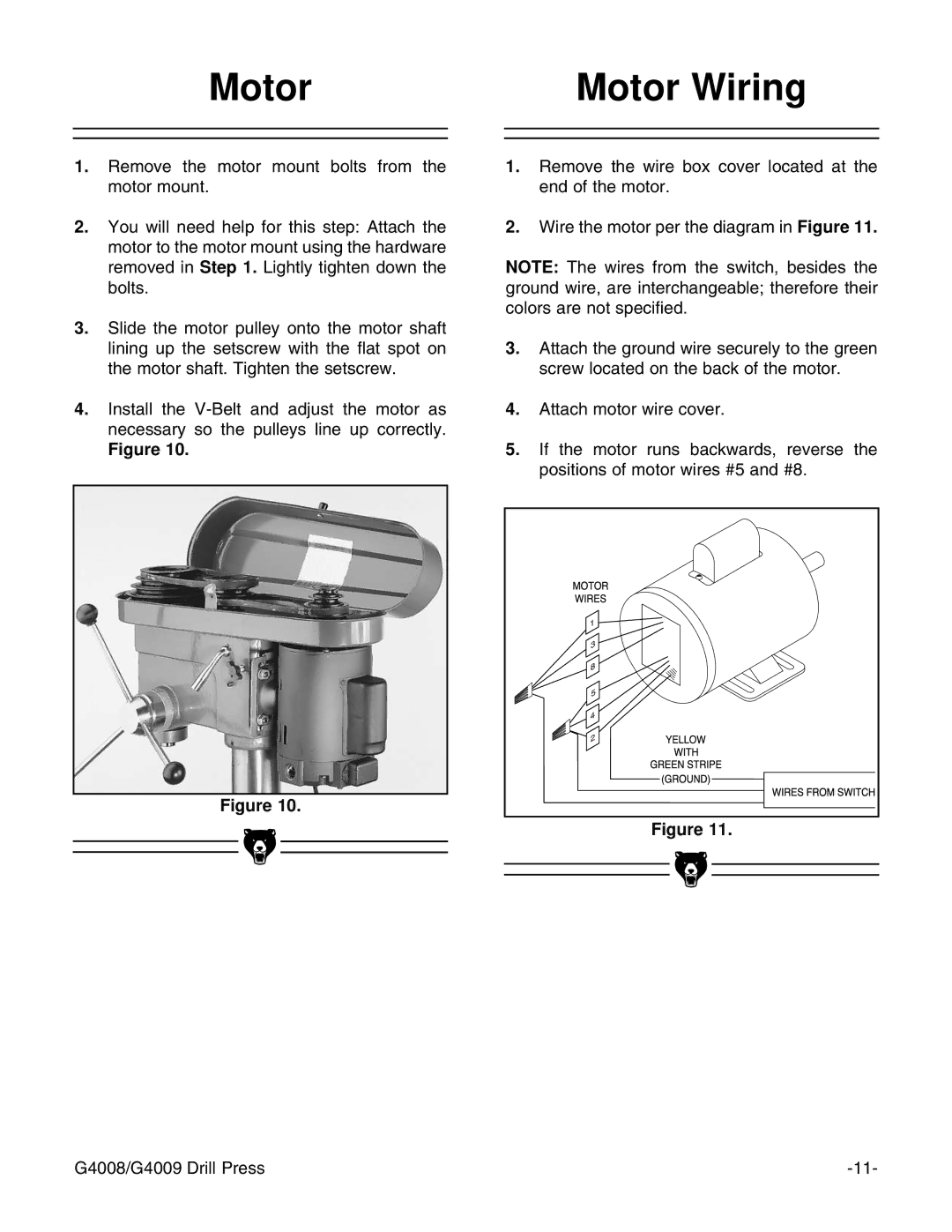 Grizzly G4008, G4009 instruction manual Motor Motor Wiring 