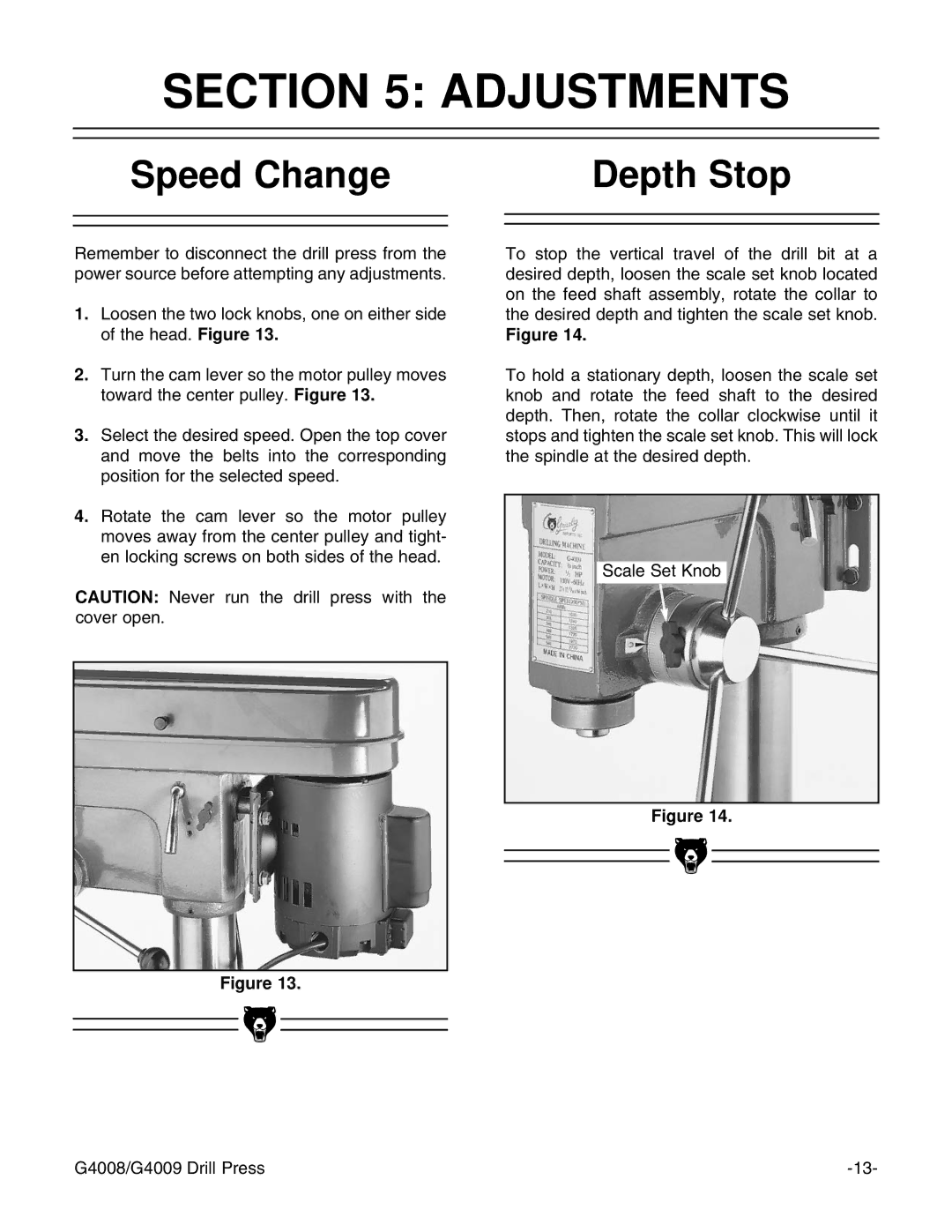 Grizzly G4008, G4009 instruction manual Adjustments, Speed Change Depth Stop 