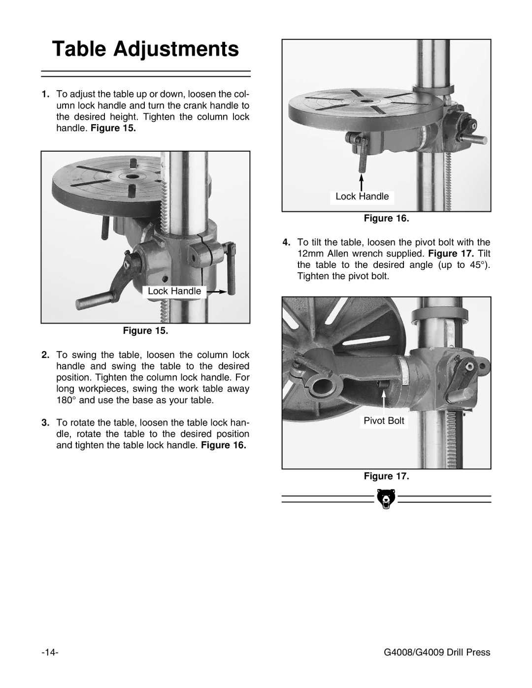 Grizzly G4009, G4008 instruction manual Table Adjustments 