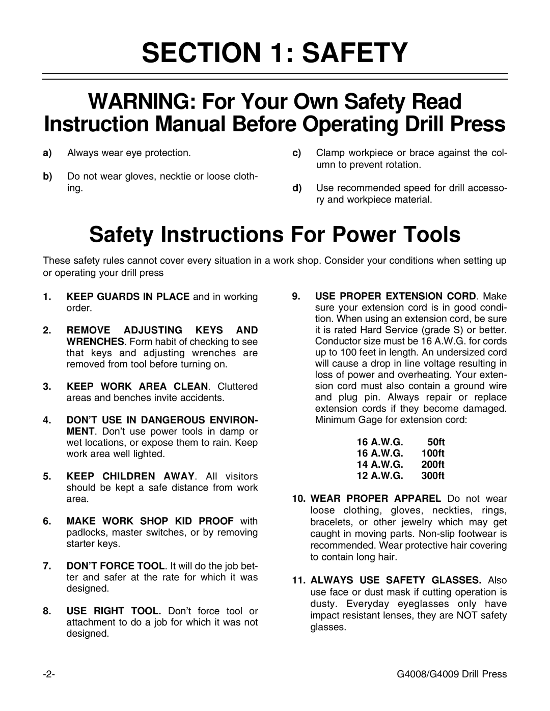 Grizzly G4009, G4008 instruction manual Safety Instructions For Power Tools 