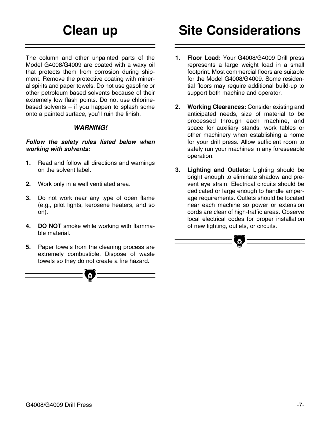 Grizzly G4008, G4009 instruction manual Clean up Site Considerations 