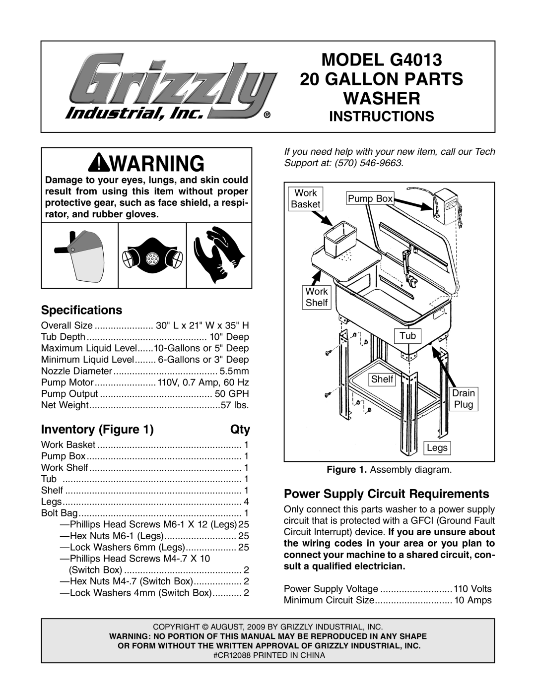 Grizzly G4013 specifications Specifications, Inventory Figure Qty, Power Supply Circuit Requirements 