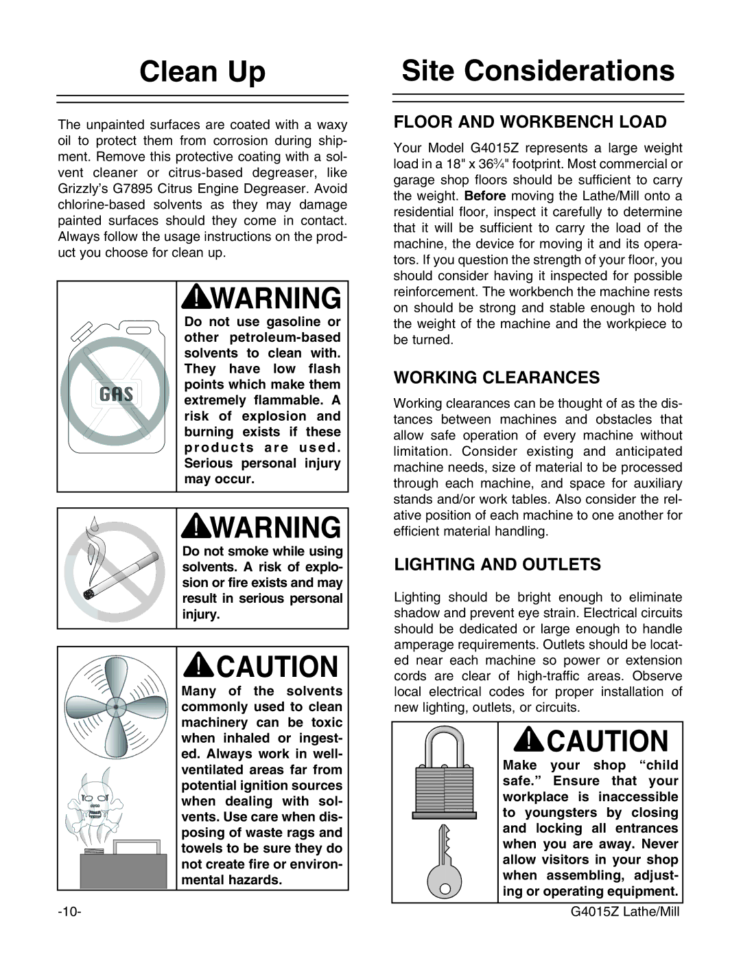 Grizzly G4015Z owner manual Clean Up, Site Considerations 