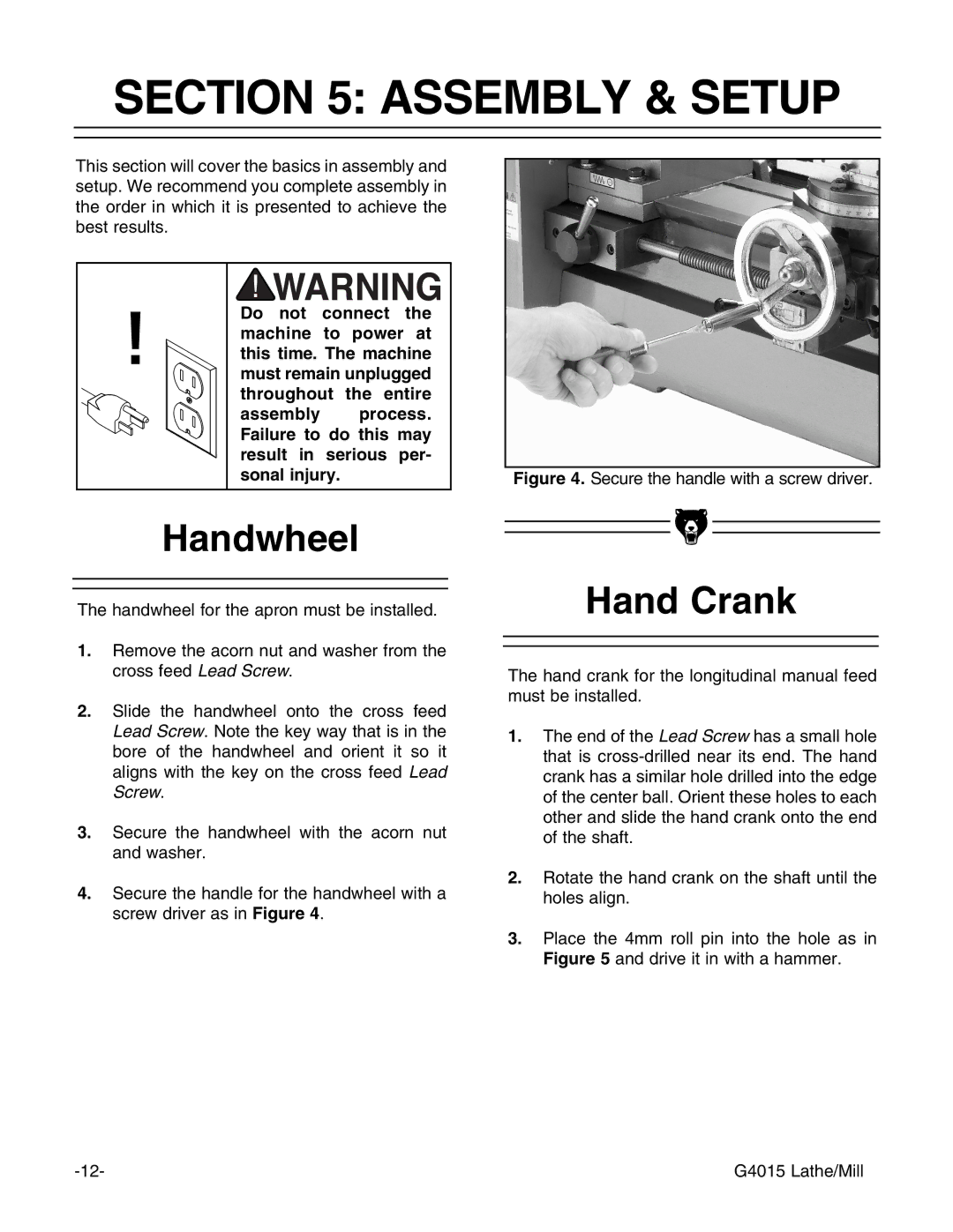 Grizzly G4015Z owner manual Assembly & Setup, Handwheel, Hand Crank 