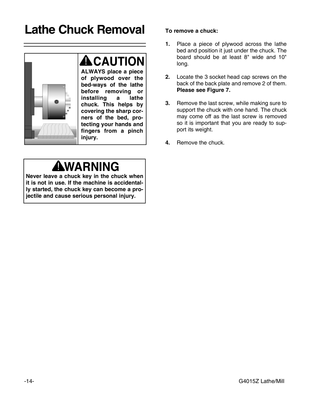 Grizzly G4015Z owner manual Lathe Chuck Removal, Please see Figure 