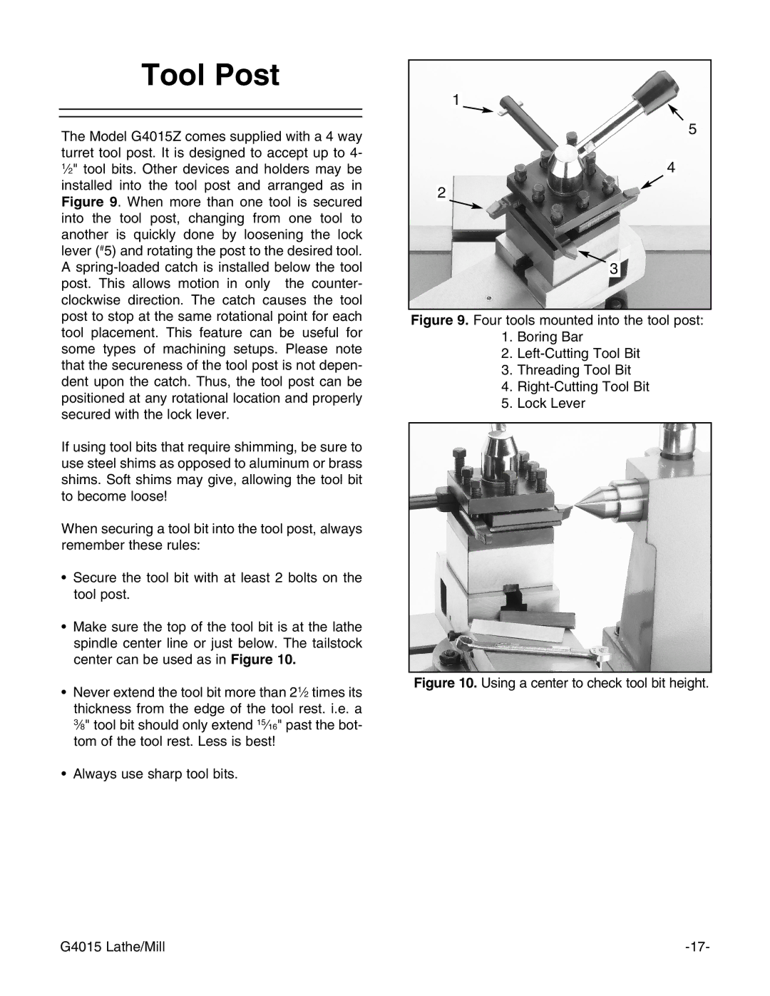 Grizzly G4015Z owner manual Tool Post, Using a center to check tool bit height G4015 Lathe/Mill 