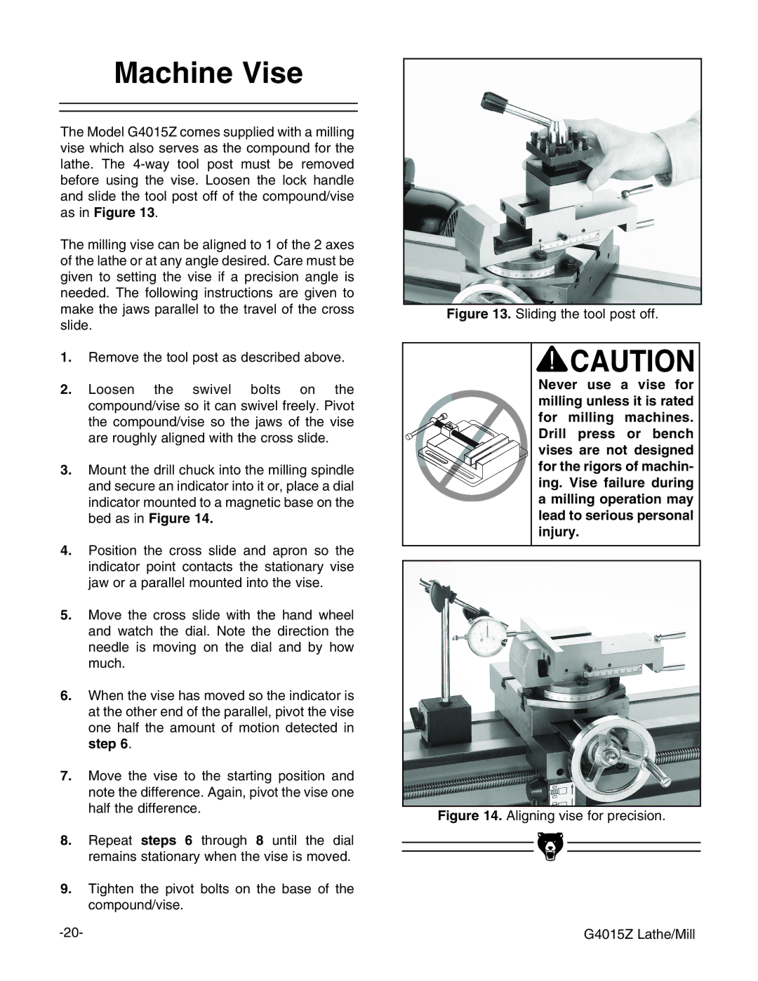 Grizzly G4015Z owner manual Machine Vise, Sliding the tool post off 