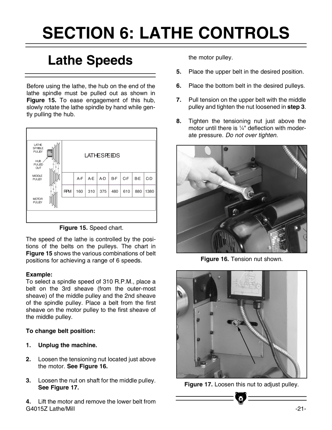 Grizzly G4015Z owner manual Lathe Controls, Lathe Speeds, Example, To change belt position Unplug the machine, See Figure 