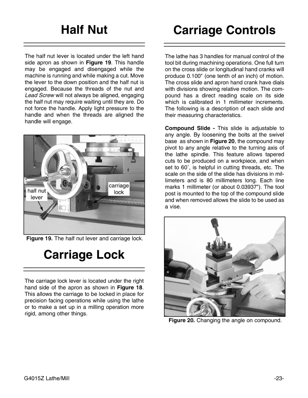 Grizzly G4015Z owner manual Half Nut Carriage Controls, Carriage Lock 