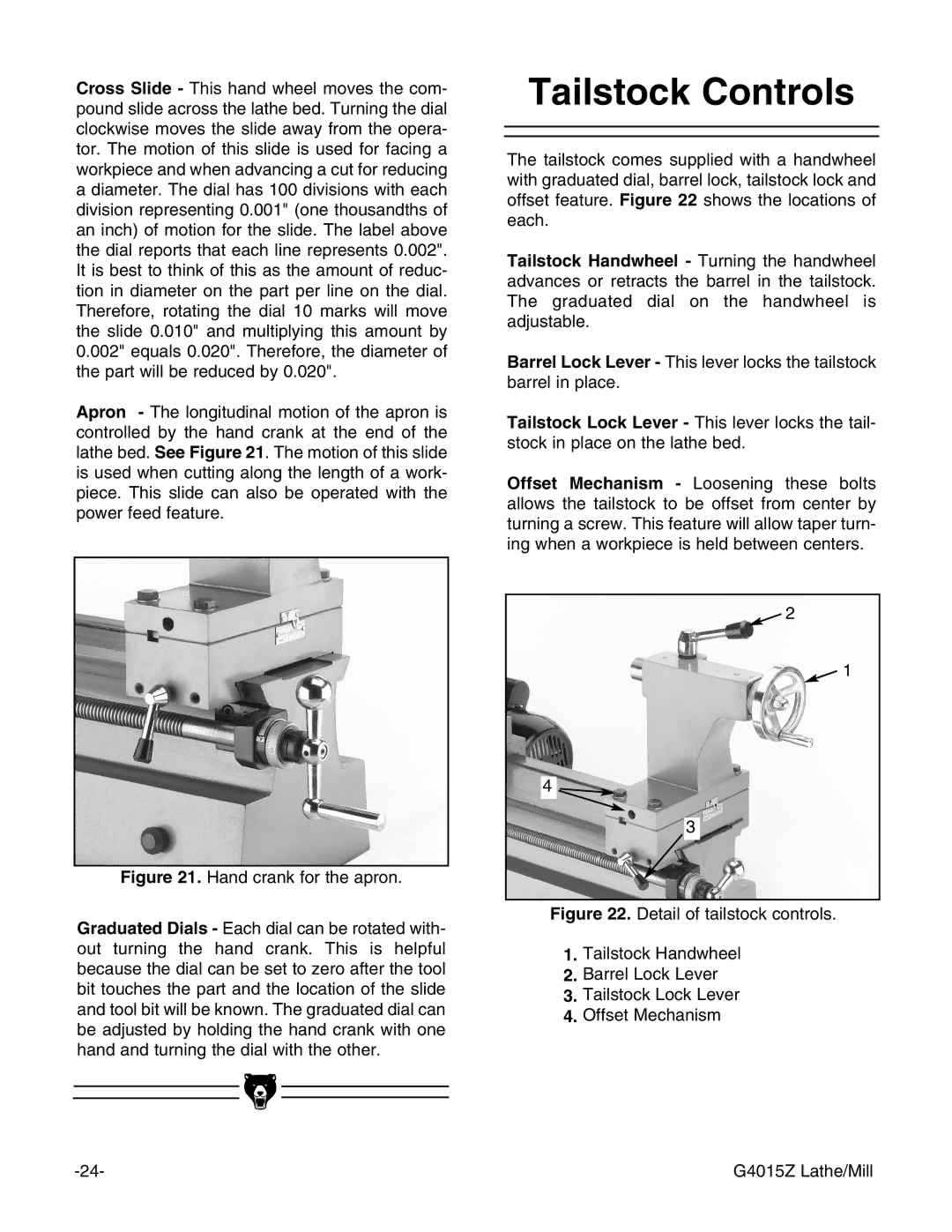 Grizzly G4015Z owner manual Tailstock Controls 