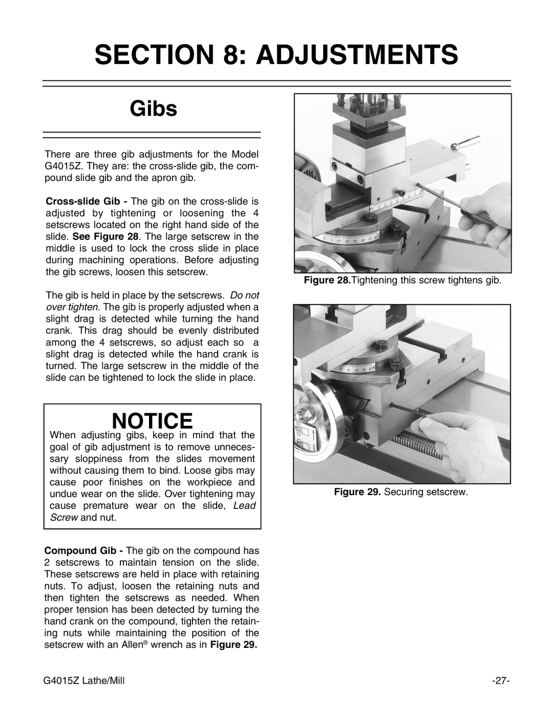 Grizzly G4015Z owner manual Adjustments, Gibs 