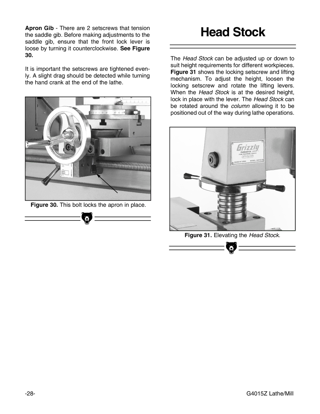 Grizzly G4015Z owner manual Head Stock, This bolt locks the apron in place 