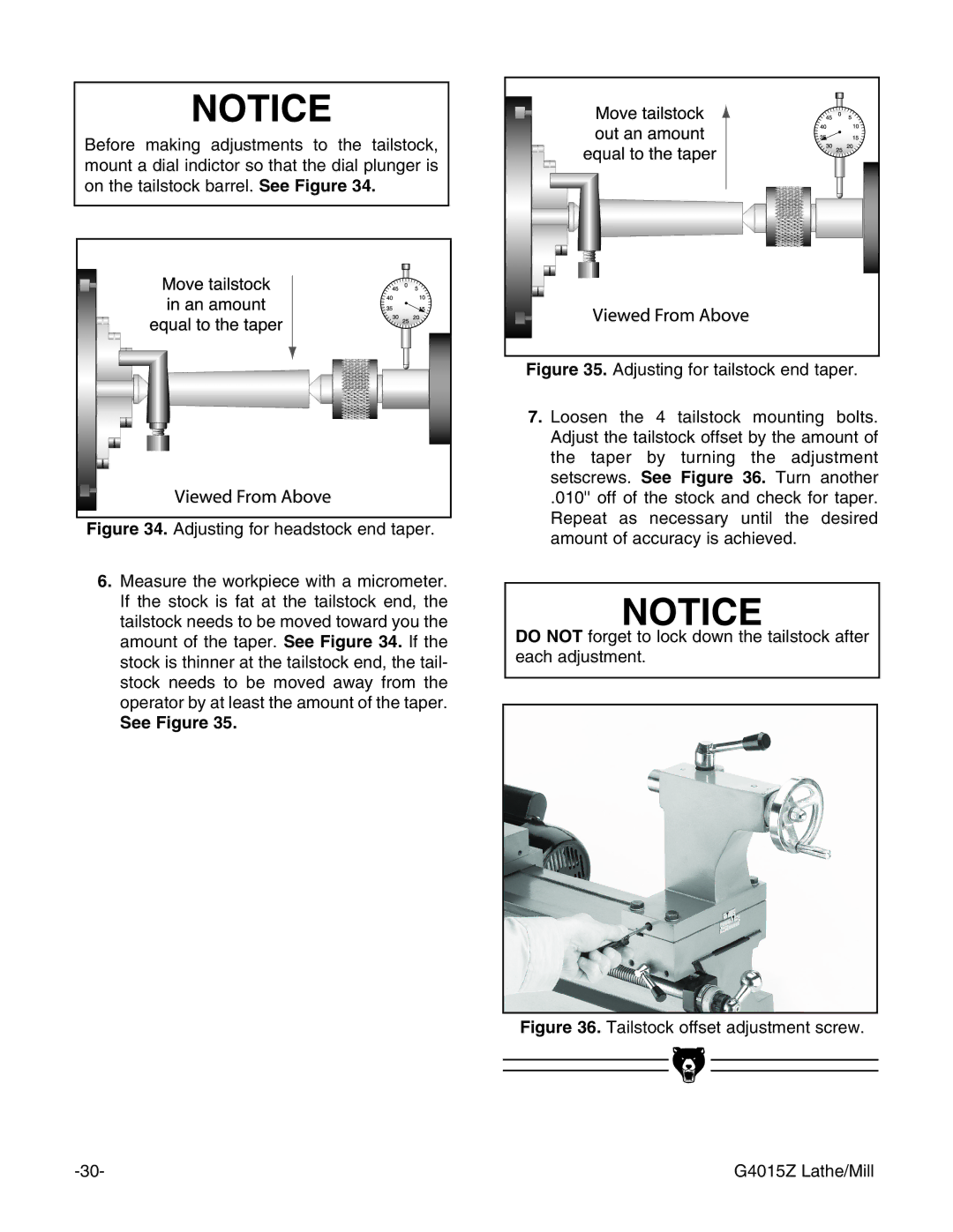 Grizzly owner manual Tailstock offset adjustment screw G4015Z Lathe/Mill 