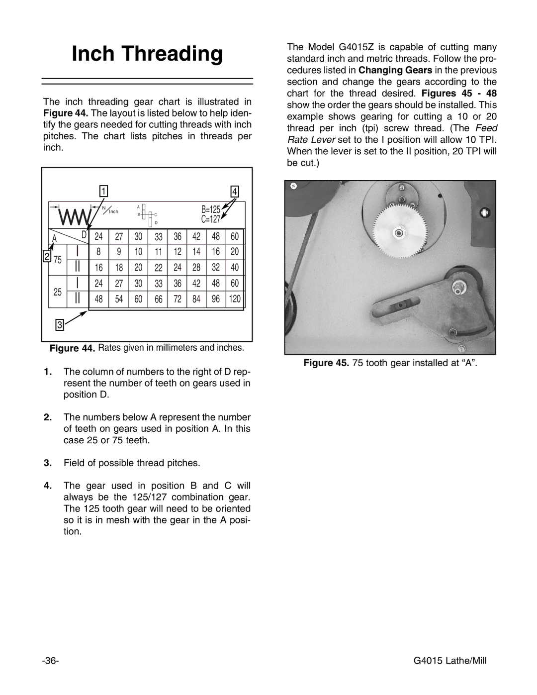 Grizzly G4015Z owner manual Inch Threading, Tooth gear installed at a G4015 Lathe/Mill 