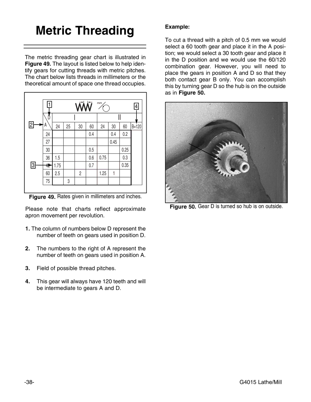 Grizzly G4015Z owner manual Metric Threading, Gear D is turned so hub is on outside G4015 Lathe/Mill 