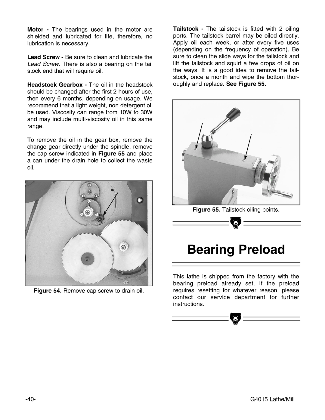 Grizzly G4015Z owner manual Bearing Preload, Tailstock oiling points 