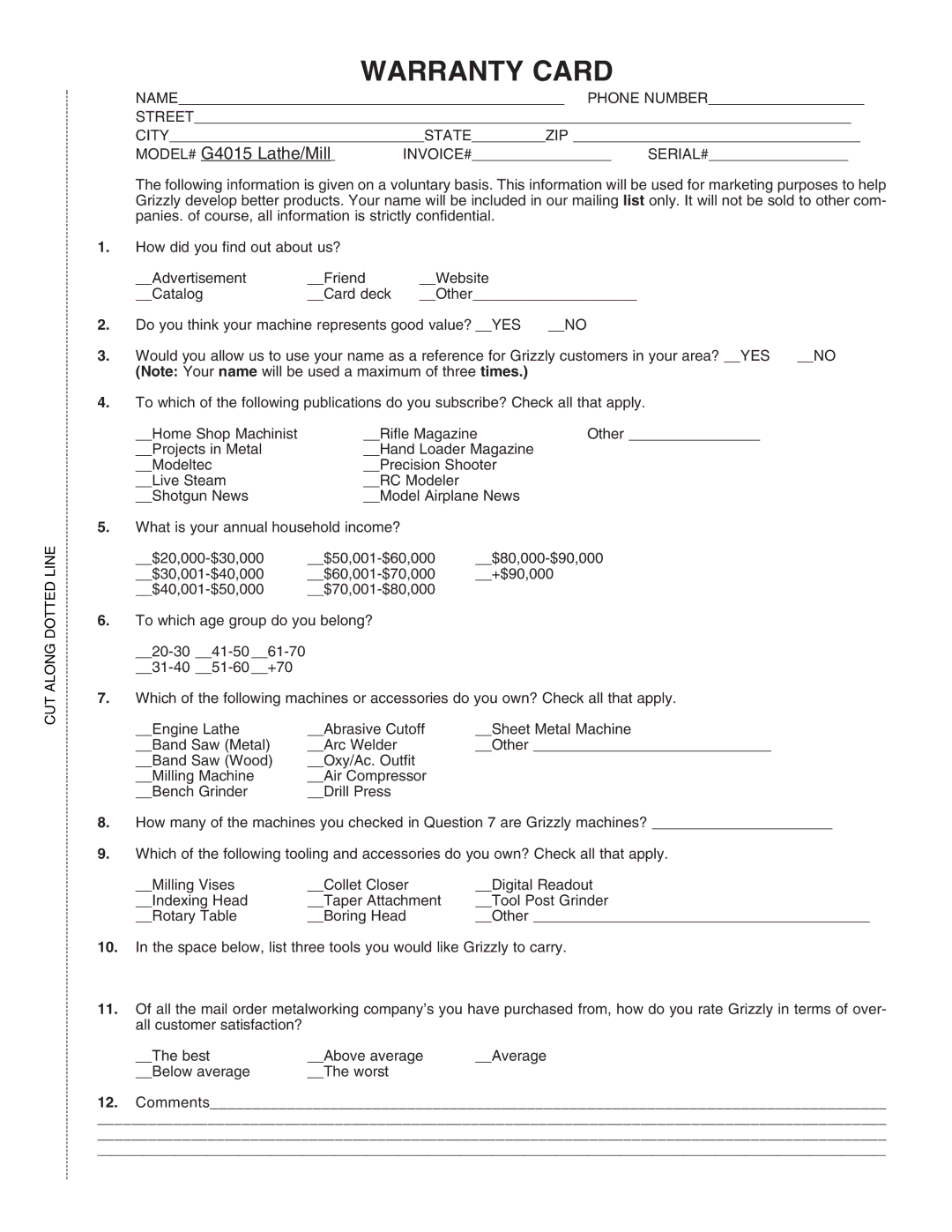 Grizzly G4015Z owner manual Warranty Card 