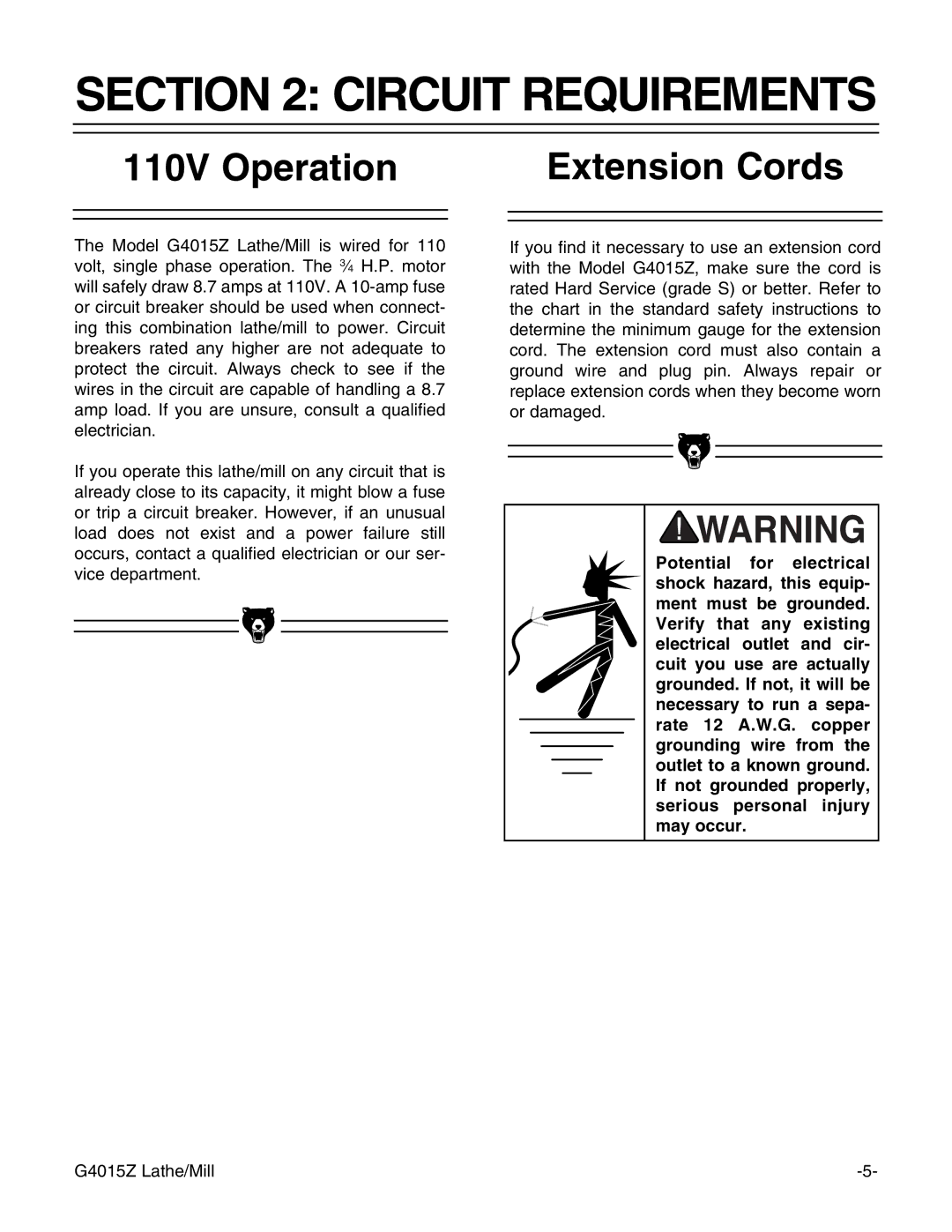 Grizzly G4015Z owner manual Circuit Requirements, 110V Operation Extension Cords 