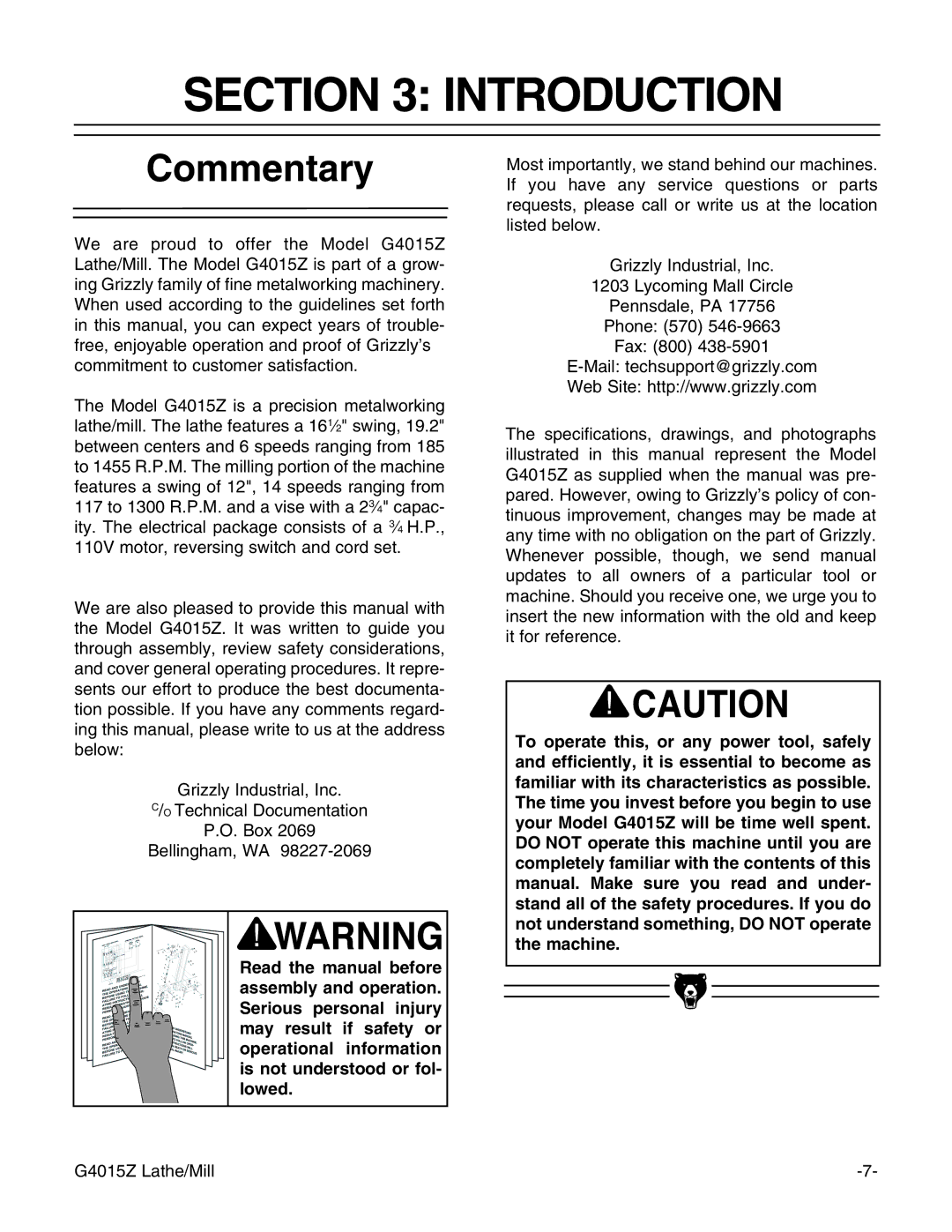 Grizzly G4015Z owner manual Introduction, Commentary 