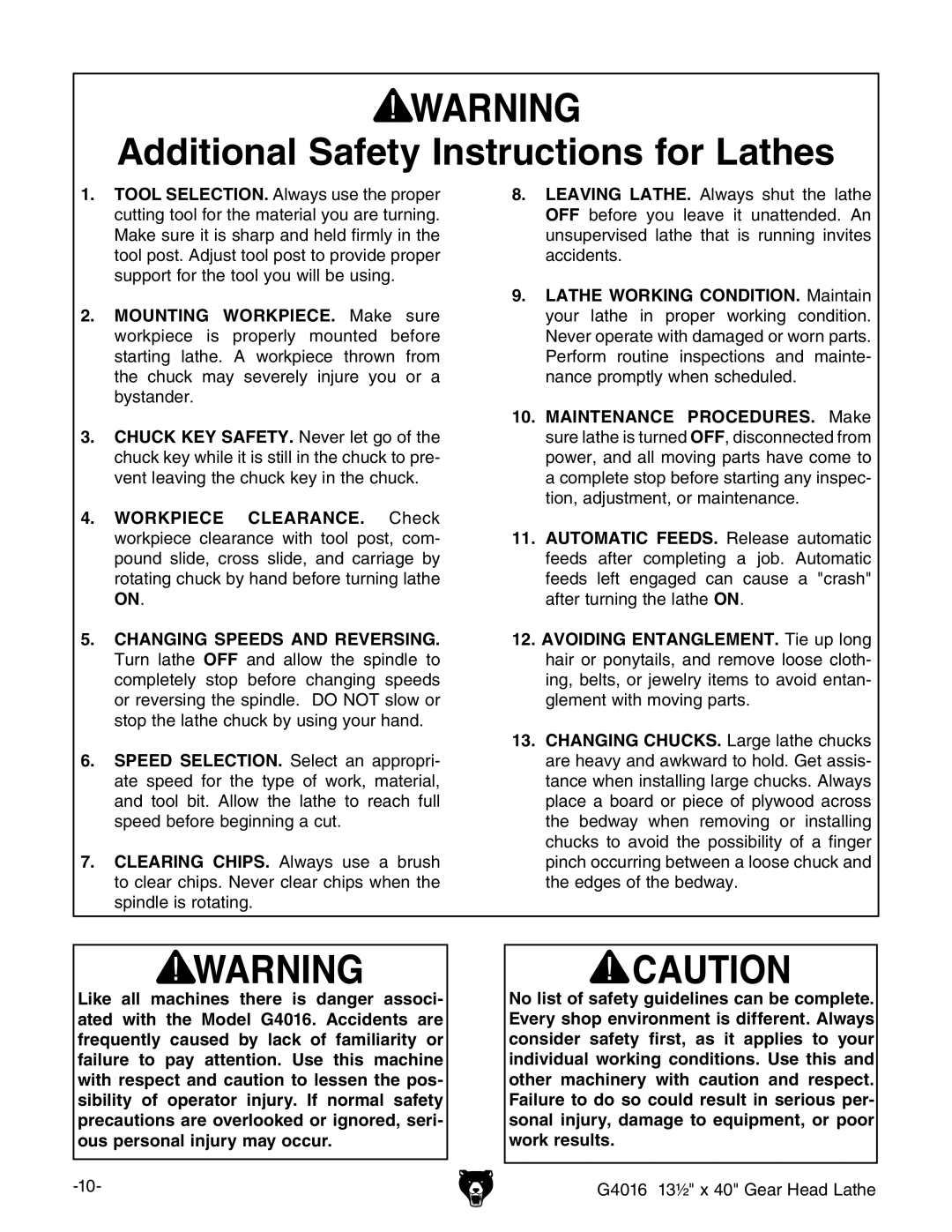 Grizzly G4016 manual Dditional 3AFETY Nstructions for ,ATHES 