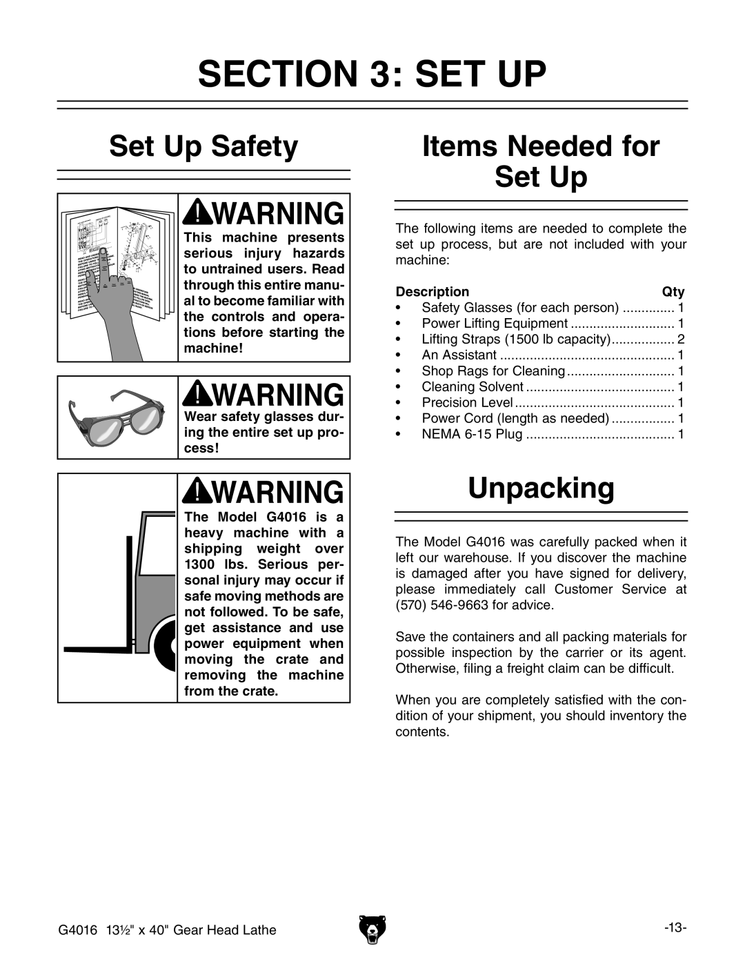 Grizzly G4016 manual #4/. 3%4, 3ETT5P 3AFETY, 5NPACKING, $Escription 